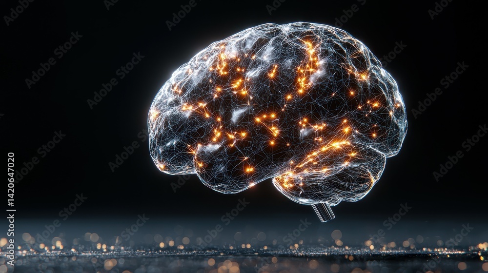 Poster abstract glowing brain illustration with interconnected neural pathways.