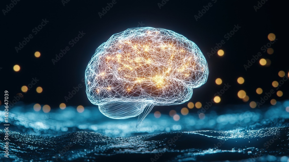 Poster an illuminated digital representation of a brain surrounded by shimmering waves.