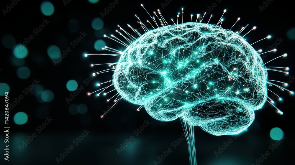 Poster futuristic glowing brain with interconnected nodes and neural network design.