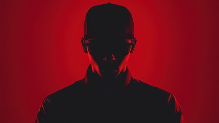 Mysterious silhouette of a person in a cap and glasses against a vibrant red backdrop