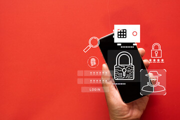 Hand holding smartphone with cyber security, password login fields, encryption lock, and hacker symbols on red background keyword for Internet security, mobile safety, and online privacy protection.