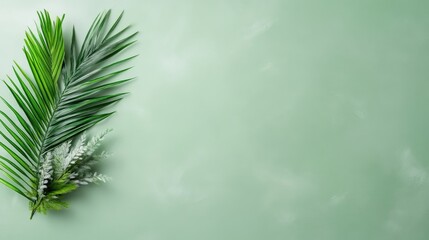 Obraz premium Green tropical leaves arranged on a soft pastel green background, minimalist composition with natural elements, and serene and fresh aesthetic.