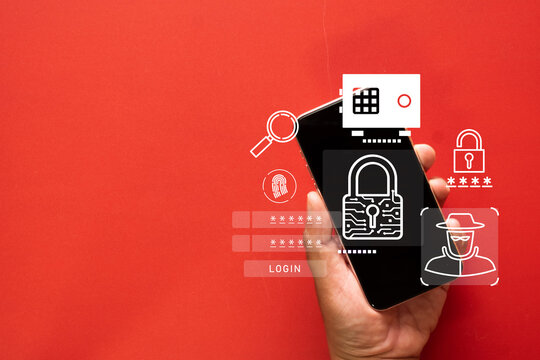Hand holding smartphone with cyber security, password login fields, encryption lock, and hacker symbols on red background keyword for Internet security, mobile safety, and online privacy protection.