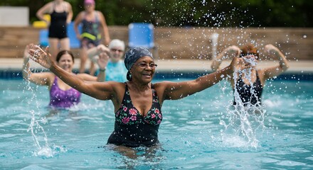 Active mature women enjoy water aerobics, laughing together in the swimming pool on a sunny day.