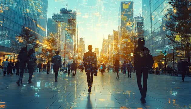 Silhouetted figures walking city street at night, glowing data points overlay.