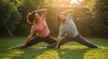 Couple doing yoga together in the garden with the sun shining. Healthy living concept.