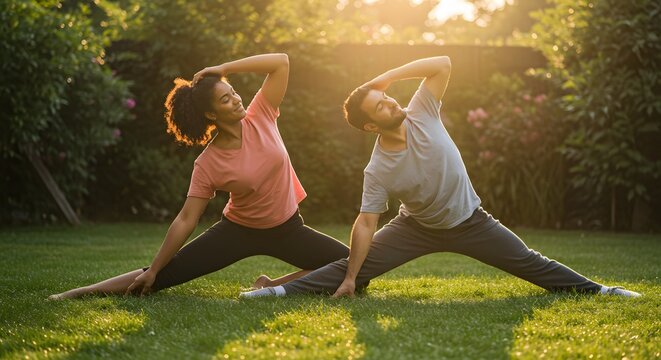 Couple doing yoga together in the garden with the sun shining. Healthy living concept.