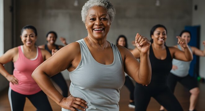 Diverse women enjoy an energetic exercise class, promoting fitness and well-being together.