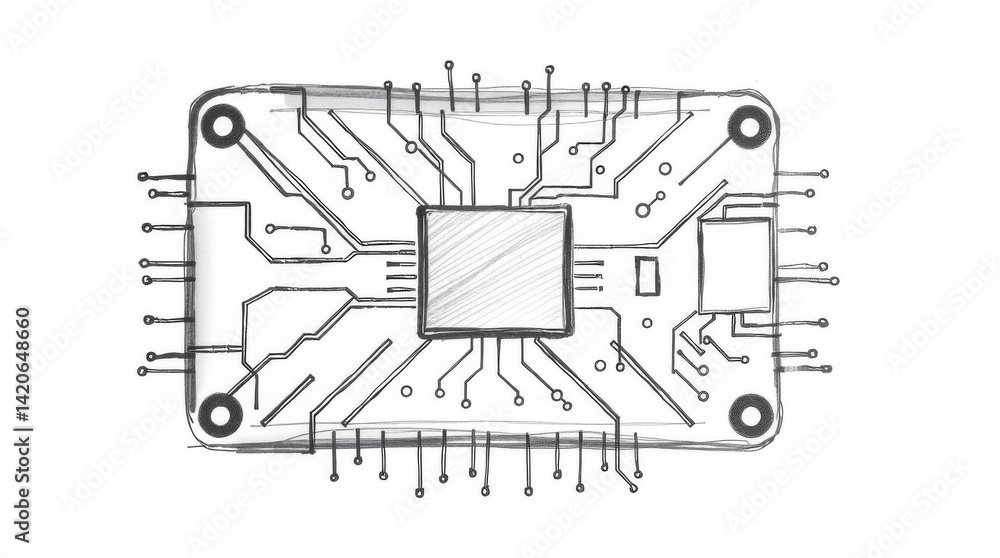 Poster detailed sketch of a computer chip illustrating modern technology concepts