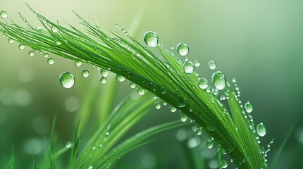 The macro shot captures a green grass blade with water droplets, evoking a dewy morning in nature, surrounded by a soft-focus green background.