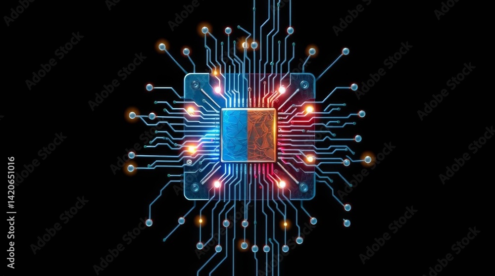 Poster futuristic microchip technology with glowing circuits and connections design