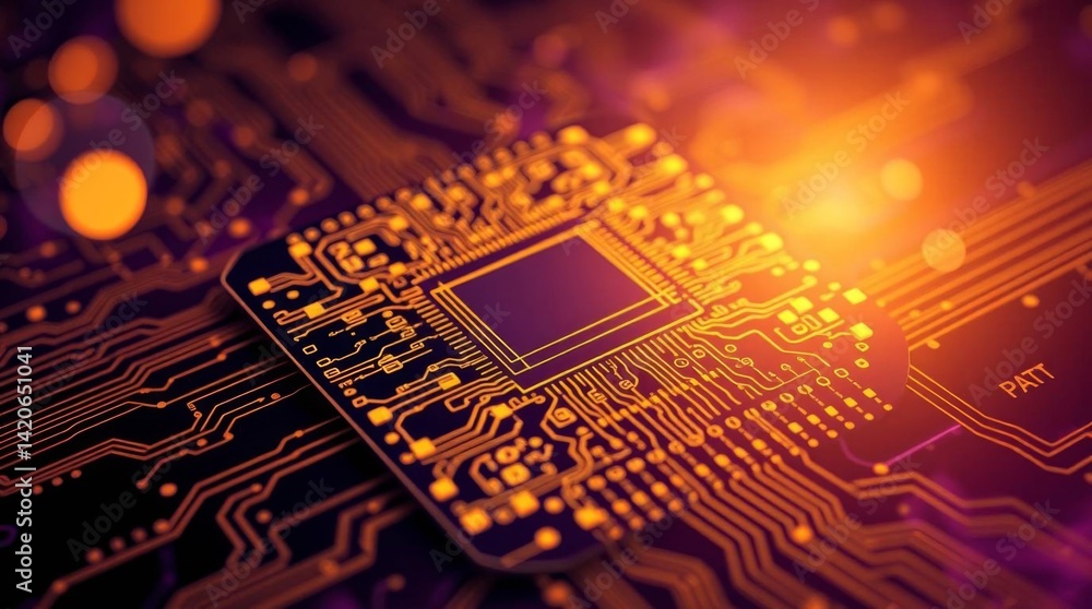 Poster Futuristic microchip technology with glowing circuits and data flow