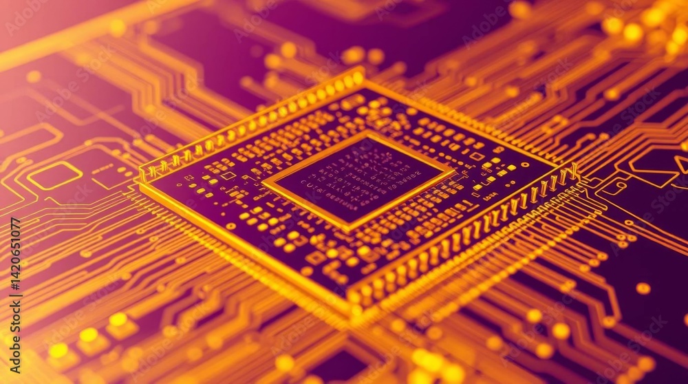 Poster futuristic motherboard circuit board with processor chip and connections