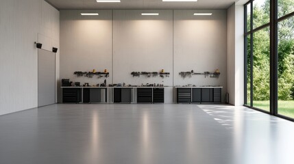 Empty modern workshop with organized tools