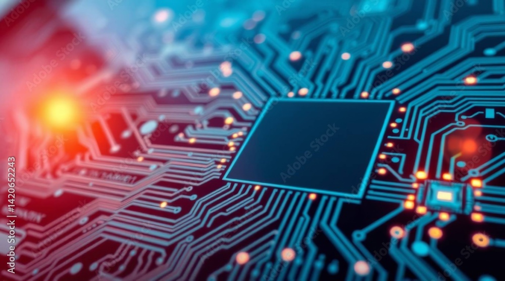 Poster futuristic technology background showcasing circuit board with central chip