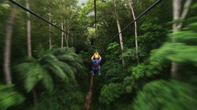 Person flying in hyperspeed on a zip line through the jungle  
