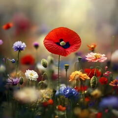 Obraz premium Vibrant Red Poppy in Summer Wildflower Meadow