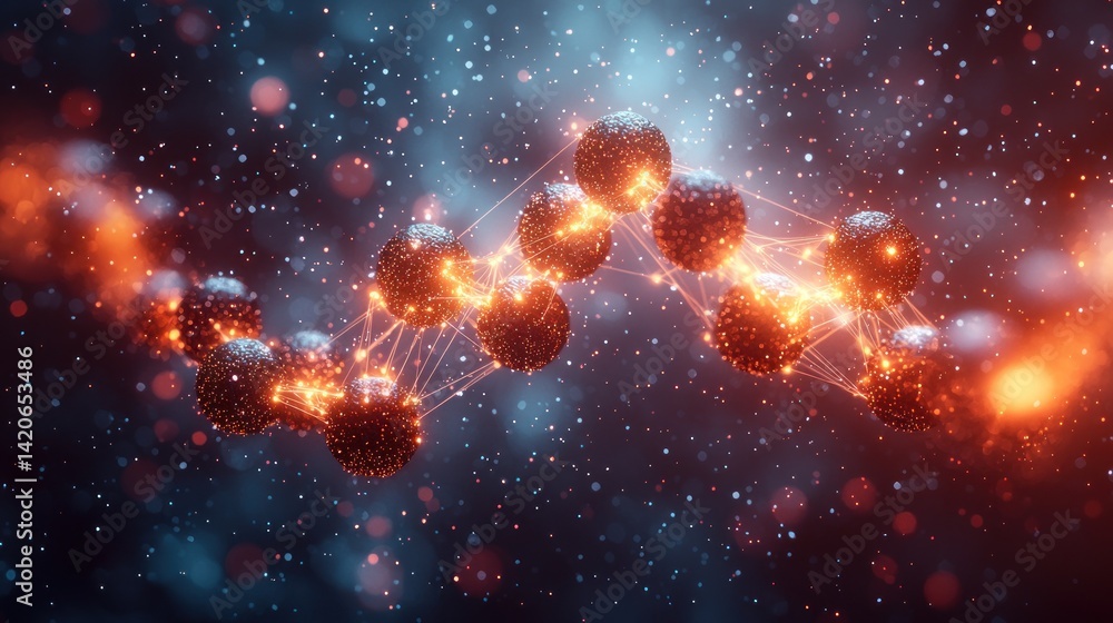 Poster abstract molecular structure: glowing network of connected spheres in cosmic space
