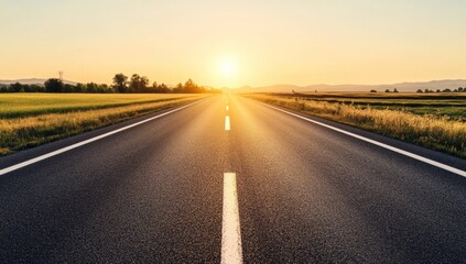 Fototapeta premium Empty highway leading to a golden sunset over a rural landscape