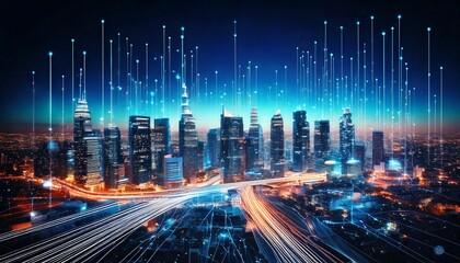 Smart City Skyline with Glowing Data Lines and 5G Towers at Night