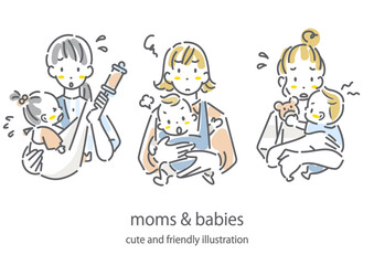 戸惑う若いお母さんと赤ちゃん　お洒落でかわいい手描き風線画イラスト