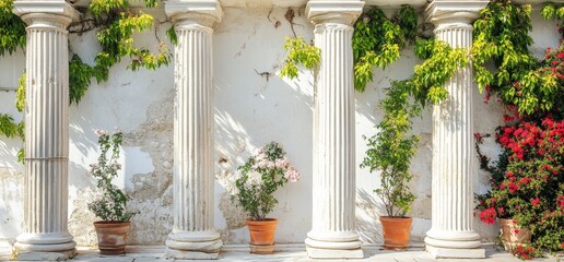 Naklejka premium Classical Columns with Greenery and Flowers