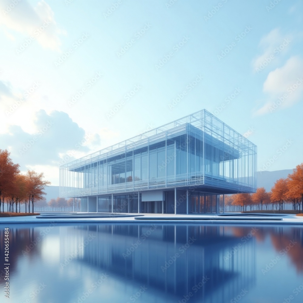 Poster modern architecture building reflecting in water with clear sky view