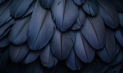 Obraz premium Close-up of dark blue bird feathers. Detailed texture and intricate patterns