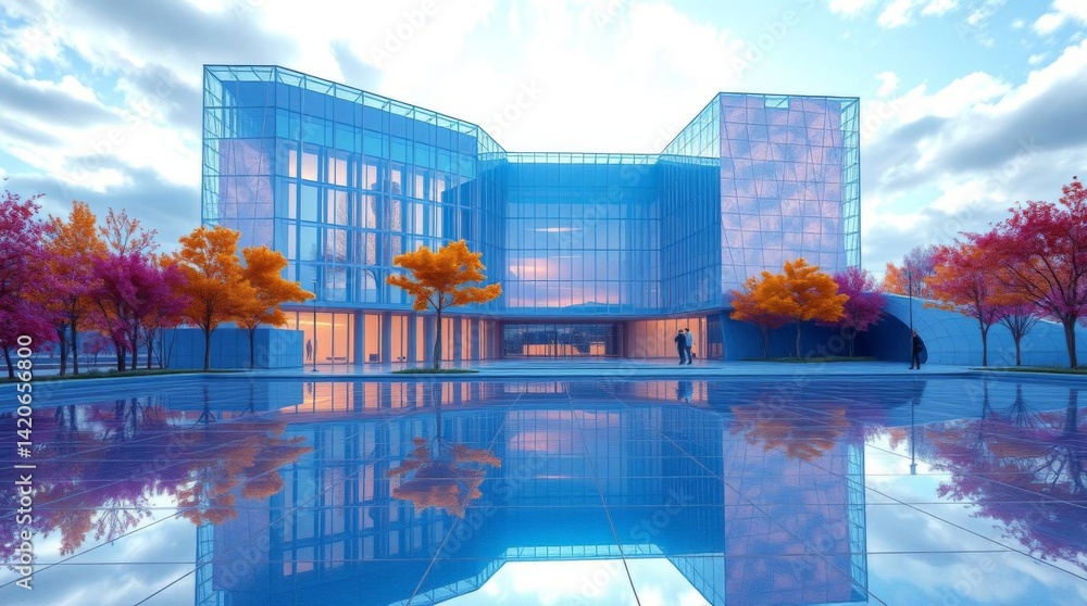 Poster modern architecture office building with reflection and colorful trees