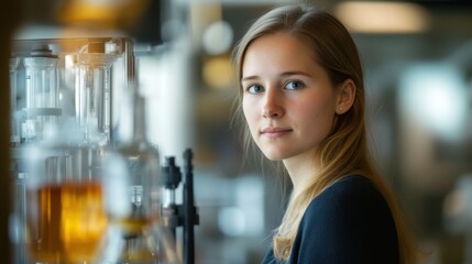 Fototapeta premium Young woman with natural beauty looking thoughtfully at the camera in a modern laboratory setting surrounded by lab equipment and glassware