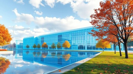Obraz premium Modern architecture with autumn trees reflecting in water on a sunny day