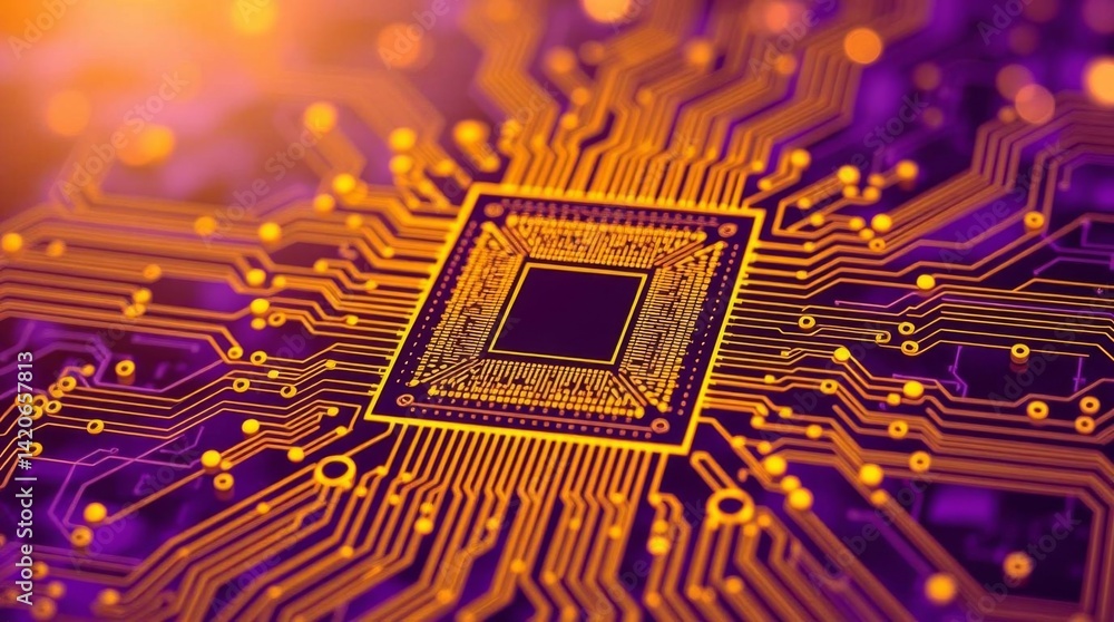 Poster modern computer chip circuit board with golden lines and purple background