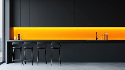 Modern, minimalist kitchen bar area with orange accent.