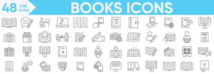 Books icon set. read, author, journal, reading, library, graduation caps, diplomas, pencils, school buildings, bookshelf, magazine, e-book and more.Vector and illustrator set.