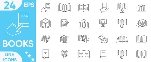 Books icon set. read, author, journal, reading, library, graduation caps, diplomas, pencils, school buildings, bookshelf, magazine, e-book and more.Vector and illustrator set.