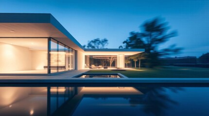 Obraz premium Modern house with minimalist design and pool reflecting twilight sky view