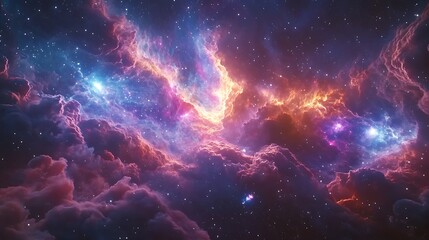 Naklejka premium Vibrant Cosmic Nebula and Stars, A vibrant cosmic scene with colorful nebulae and distant stars