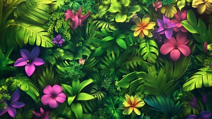 Lush tropical foliage wall, vibrant flowers, dark background, design element