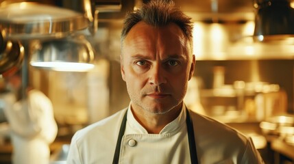 Intense Chef Portrait in a Modern Kitchen Setting, Capturing the Passion and Dedication of Culinary Arts with Soft Ambient Lighting and Professional Atmosphere