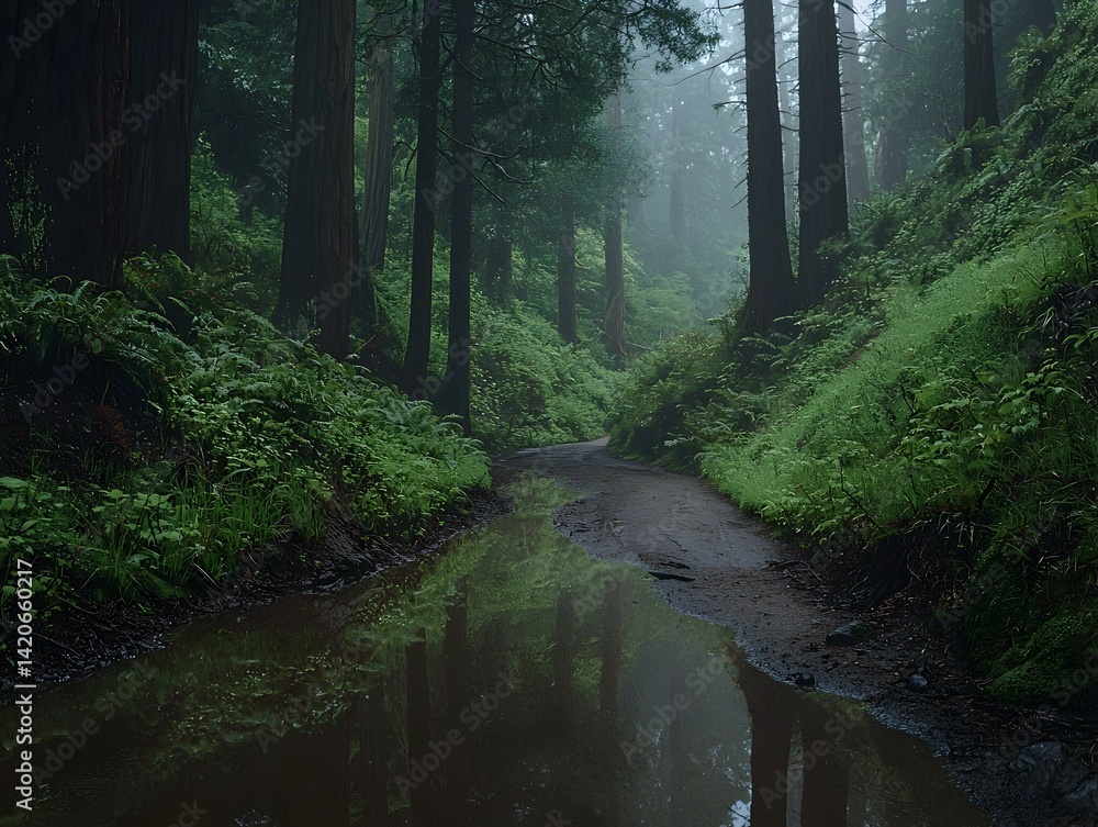 Poster misty forest path reflection. a tranquil forest path reflects in a puddle, creating a serene and mys