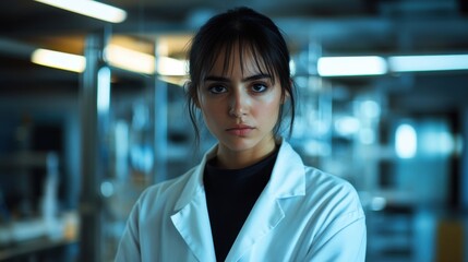 Obraz premium Young Female Scientist in Laboratory Coat Looks Thoughtful and Determined in Modern Laboratory Setting with Bright Lighting and Scientific Equipment