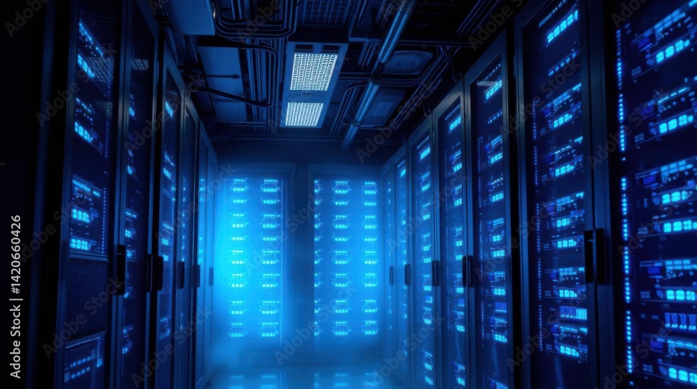 Poster modern server room displaying working data center with blue lights