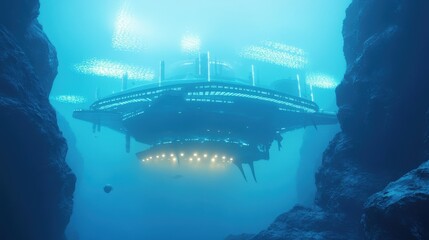 A massive underwater alien structure floats amongst oceanic rock formations