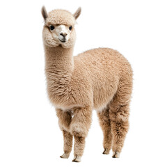 Fototapeta premium Fluffy Light Brown Alpaca Standing Gracefully on White Background with Cute Expression and Soft Fur Texture