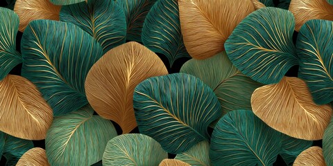 Elegant Gold and Teal Leaf Pattern: A Luxurious Botanical Art Print