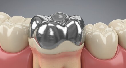 Close-up of a Shiny Silver Dental Crown on a Tooth