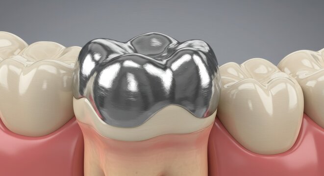 Close-up of a Shiny Silver Dental Crown on a Tooth