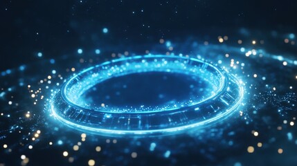 Obraz premium Glowing blue technological ring surrounded by scattered light particles
