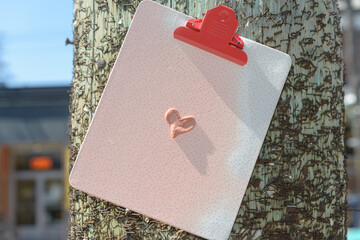 clip board, chewed gum heart, and rusty staples