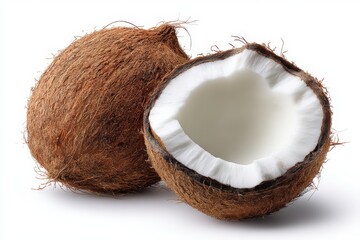 Minimalist studio flat‑lay of whole coconut shell next to curved half showcasing white meat, isolated on white for keto diet plan illustrations, tropical scented candle labels and beach snack visuals